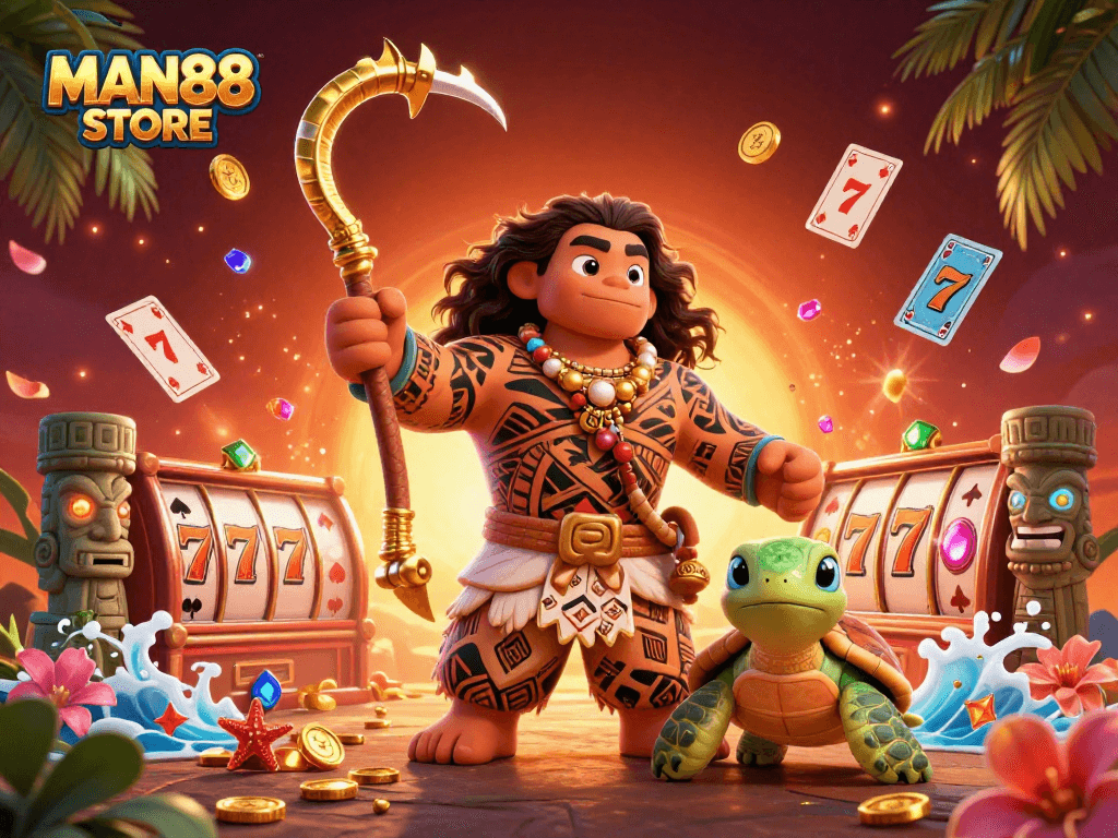 Experience thrilling gaming at MAN88 STORE with vibrant 3D characters and casino elements.