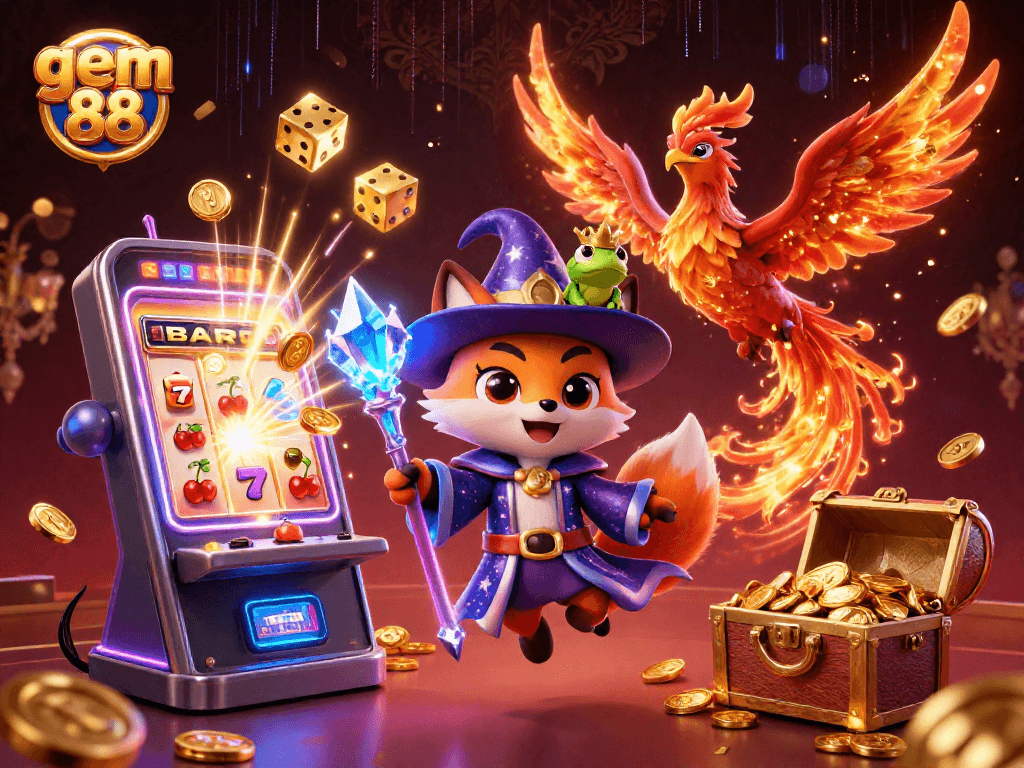 Experience the thrilling gems of gem 88 with a mystical wizard and phoenix in this vibrant casino illustration.