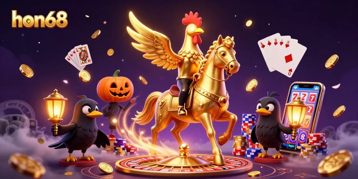 Experience the magic of hon68 in a vibrant casino scene with golden treasures and lively characters.