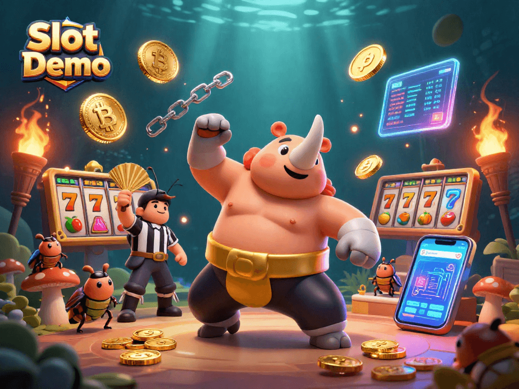 Experience Slot Demo action with a mighty rhinoceros beetle champion amid golden coins and vibrant casino elements.