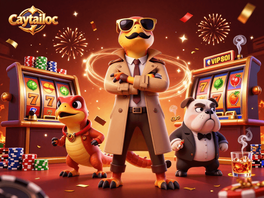 Experience high-stakes excitement in caytailoc's colorful slot scene filled with lively characters and flamboyant casino elements.