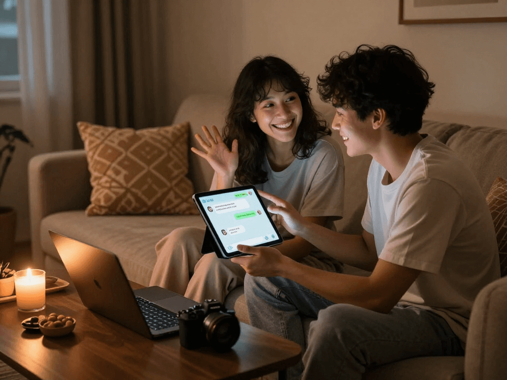Couple enjoying a playful porn ai chat on a tablet in a cozy setting