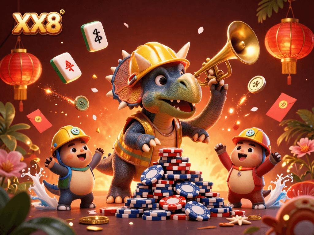 Celebrate with XX8 as the triceratops builds a poker chip pyramid amidst vibrant casino elements.