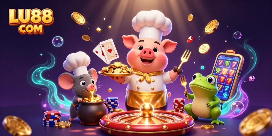 Experience the excitement of LU88 COM with vibrant casino characters surrounded by gold coins and games.