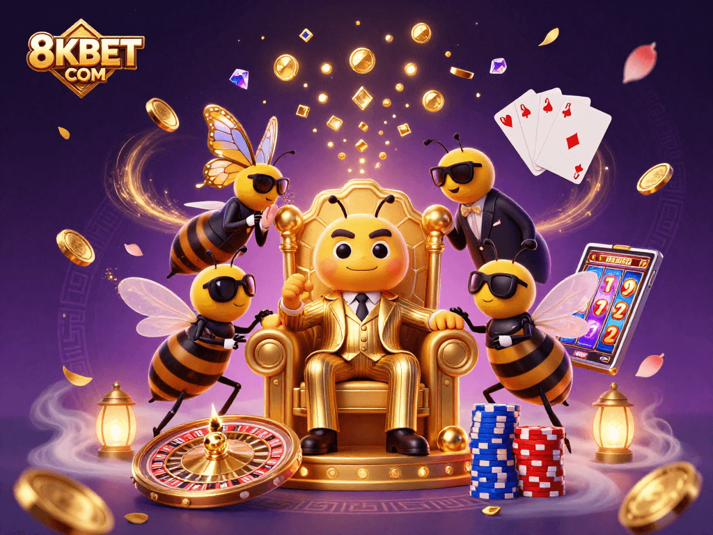 Experience the excitement with 8KBET COM, where vibrant casino elements and dynamic characters flourish.