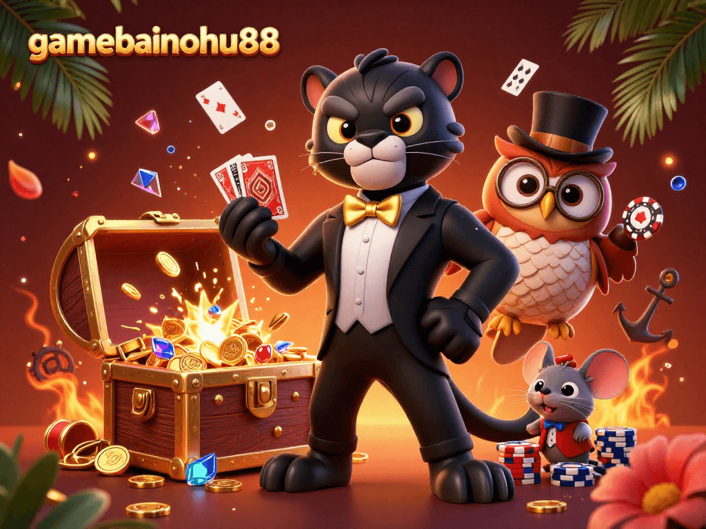 Experience thrilling card dealings with gamebainohu88, featuring a panther and friends in a vibrant, action-packed scene.