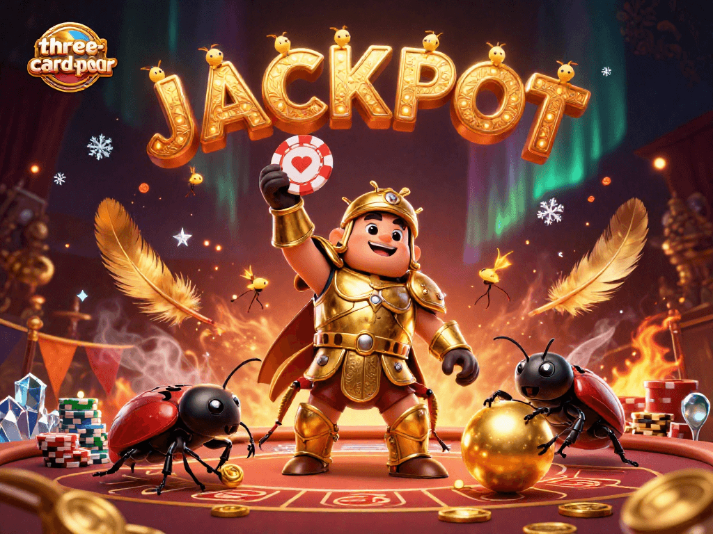 Experience the excitement of three-card-poker with a victorious hercules beetle lifting a chip and fireflies spelling out JACKPOT.