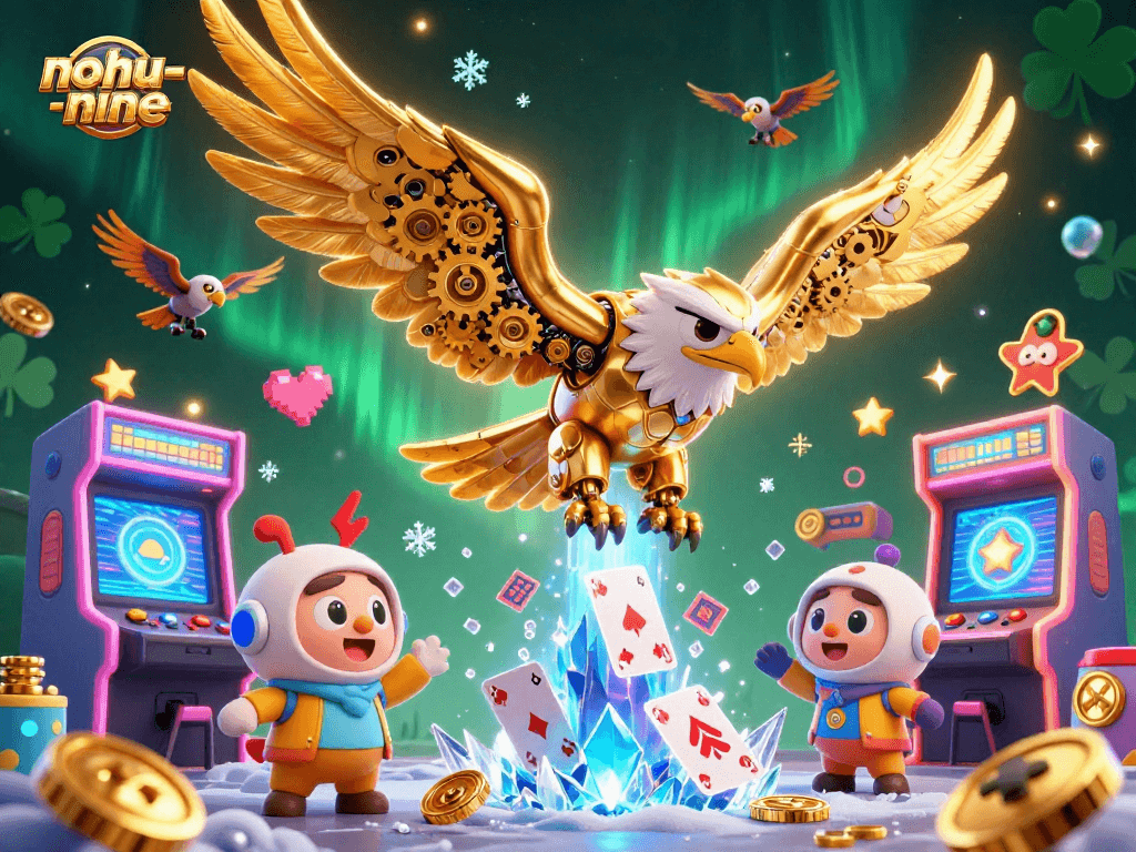 Experience thrilling nohu-nine gameplay with a cybernetic eagle diving through holographic cards.