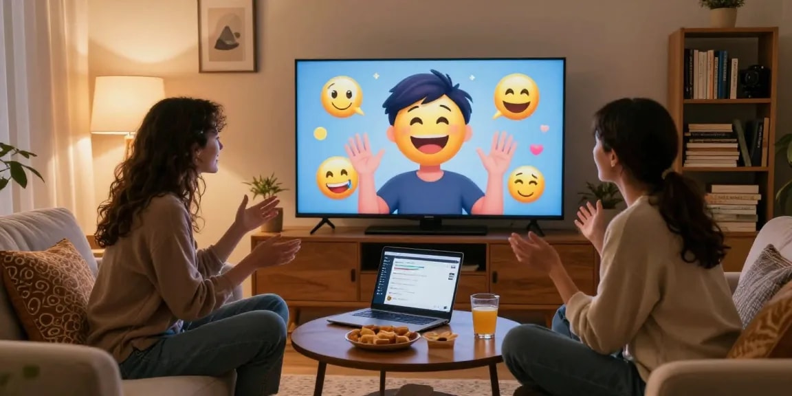 Couple enjoying a sex ai chat in a cozy living room, engaging with virtual avatars on screen.