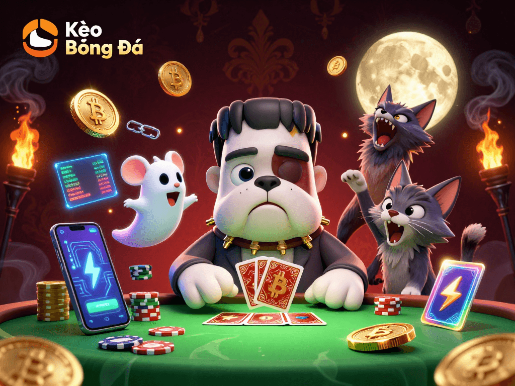 Kèo Bóng Đá showcases thrilling action with a Frankenstein bulldog dealing cards amidst glowing cryptocurrencies.