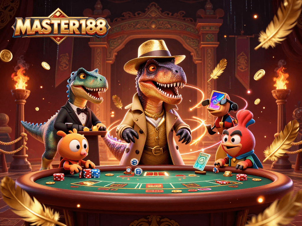Experience the thrill at MASTER188 with a cartoon velociraptor card counter at a dynamic blackjack table.