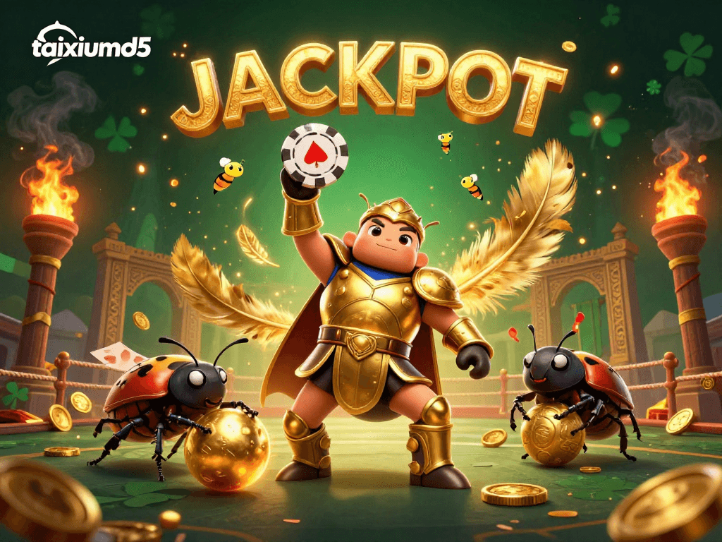 Experience the thrill of taixiumd5 in this stunning 3D illustration of a victorious gladiator beetle lifting a poker chip.