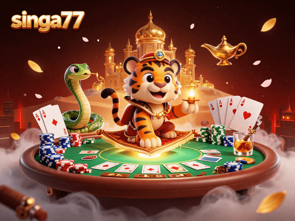 singa77 offers thrilling casino adventures featuring vibrant tiger sultan, poker elements, and desert ambiance.