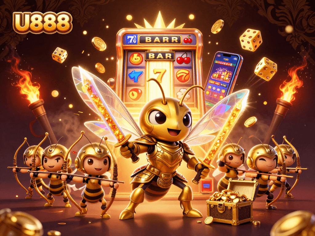 U888 showcases thrilling gambling scenes with a golden hornet and slot machine bursting with coins