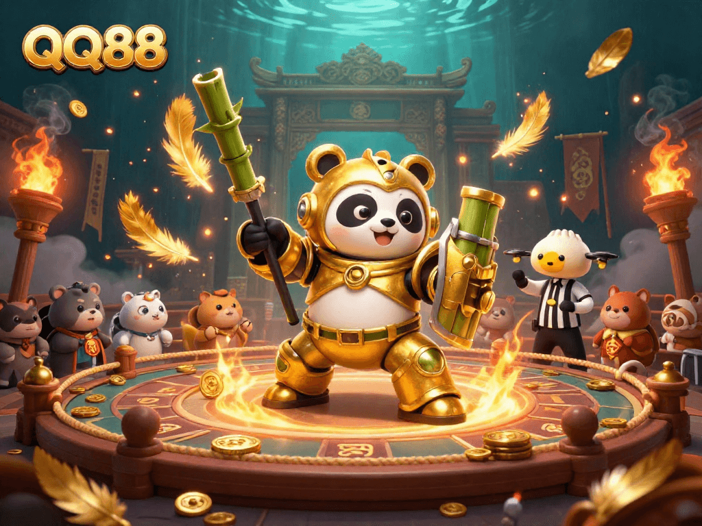 Engage in thrilling QQ88 betting action with a vibrant scene featuring a golden panda mech-suit and dynamic casino elements.