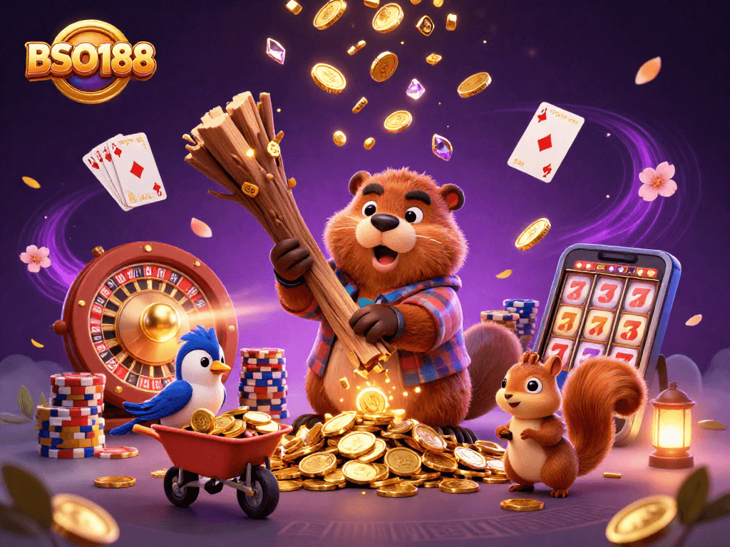 Experience BSO188's vibrant casino scene with a beaver and friends collecting golden coins.