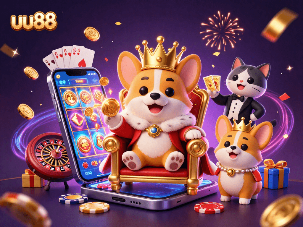 Experience the joy of gambling with uu88, featuring a royal corgi on a throne among vibrant casino elements.