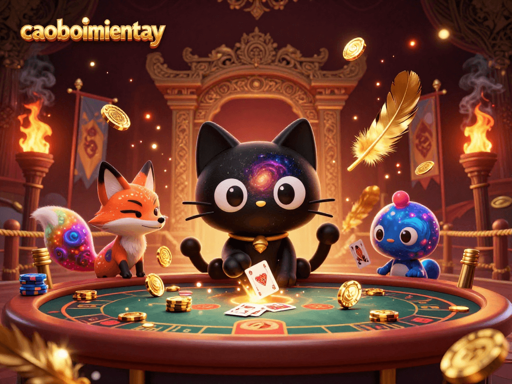 Experience thrilling gameplay with caoboimientay at a cosmic casino table, featuring unique characters and vibrant elements.