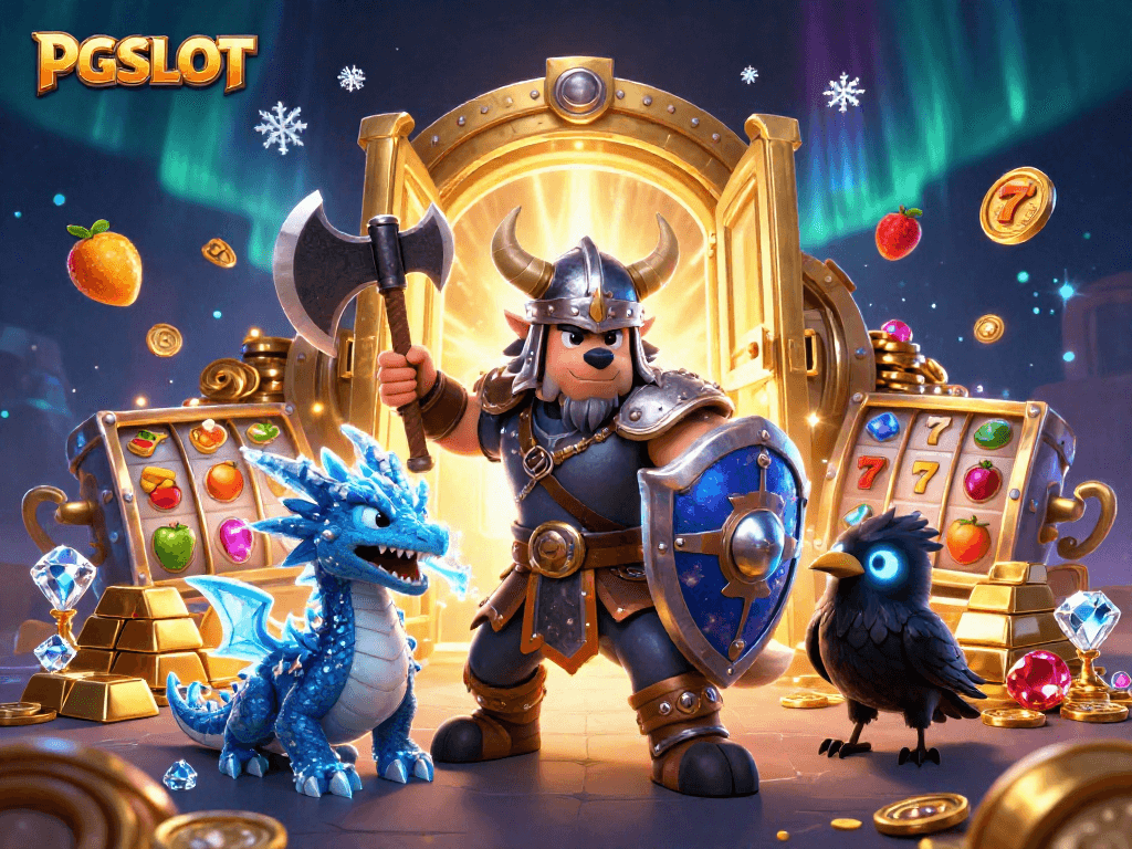 Experience PGSLOT action with exciting slot reels and rich treasure elements in this dynamic illustration.