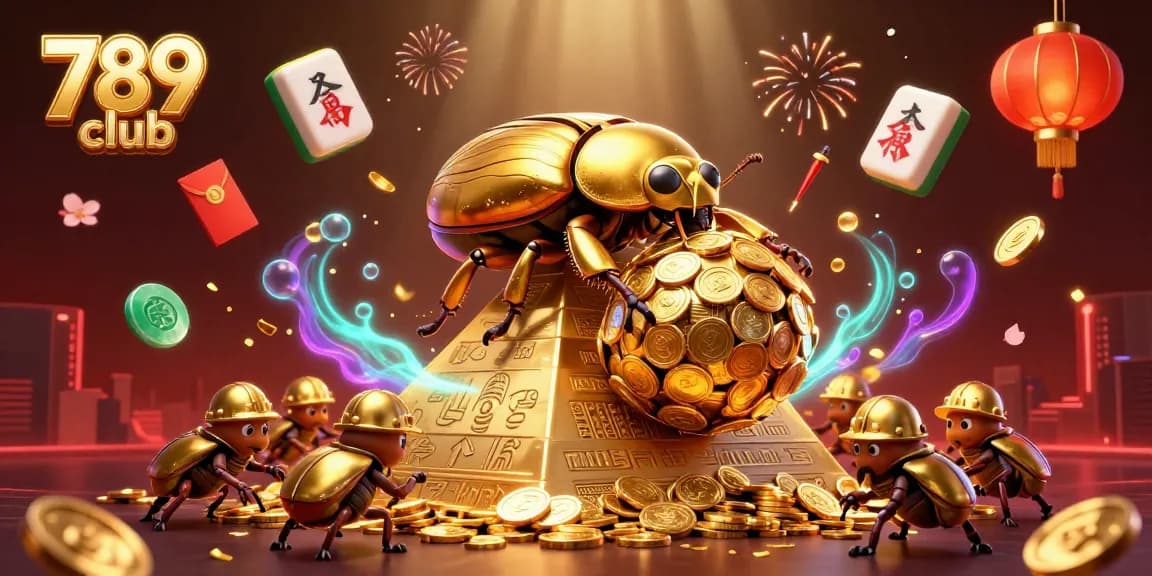 Engage with 789 club through an energetic casino scene showcasing golden beetles amidst vibrant gaming elements.