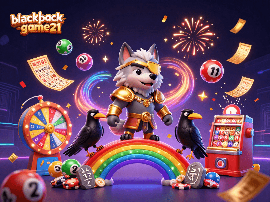 Join the excitement of blackjack-game21 as Odins wolf and ravens celebrate on a vibrant casino bridge.