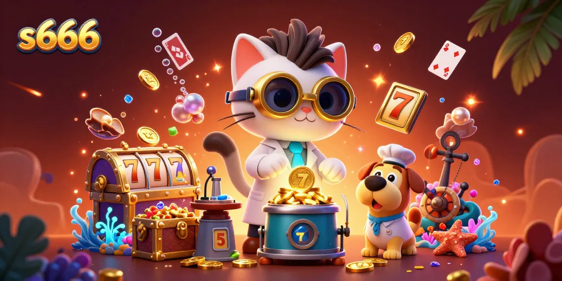 Experience thrilling gameplay with s666 as a cartoon mad scientist creates treasures in a casino adventure scene.