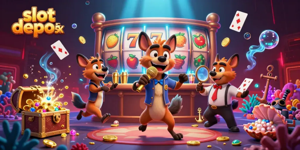 Experience the fun at slot depo 5k with dynamic gameplay featuring hyenas in a vibrant casino scene