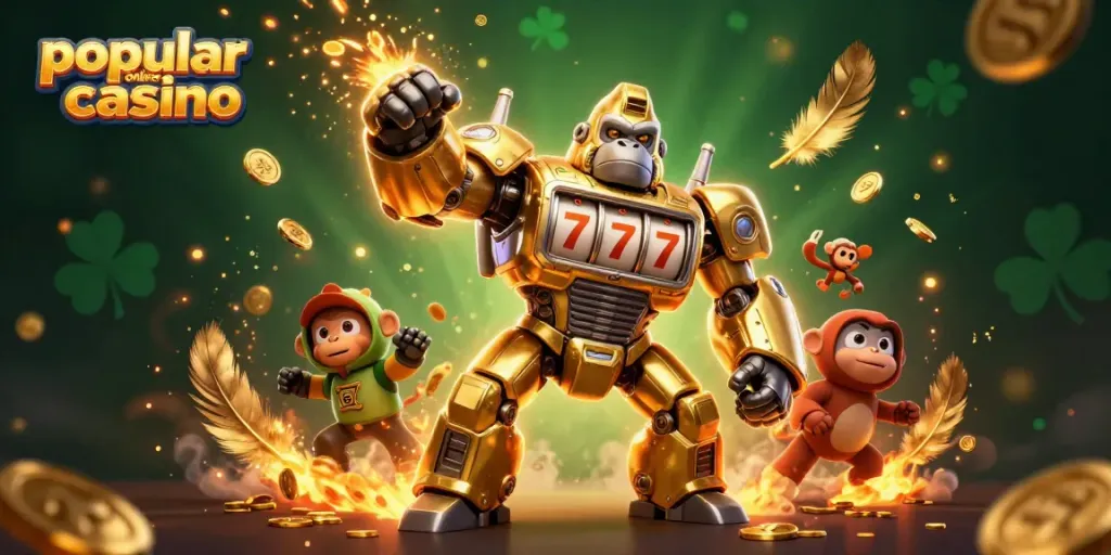 Experience the thrill of a popular online casino with a dynamic 3D scene featuring a golden gorilla mech.