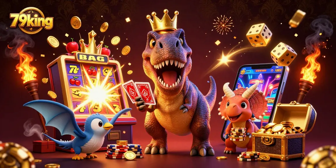 Engage with 79king's vibrant casino scene featuring a T-Rex shuffling cards amidst a jackpot explosion.