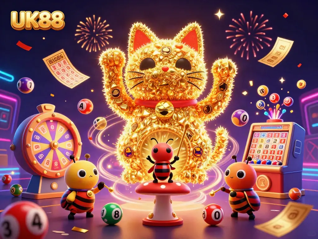 Engage with an intriguing UK88 online casino scene featuring lucky symbols, vibrant elements, and dynamic energy.