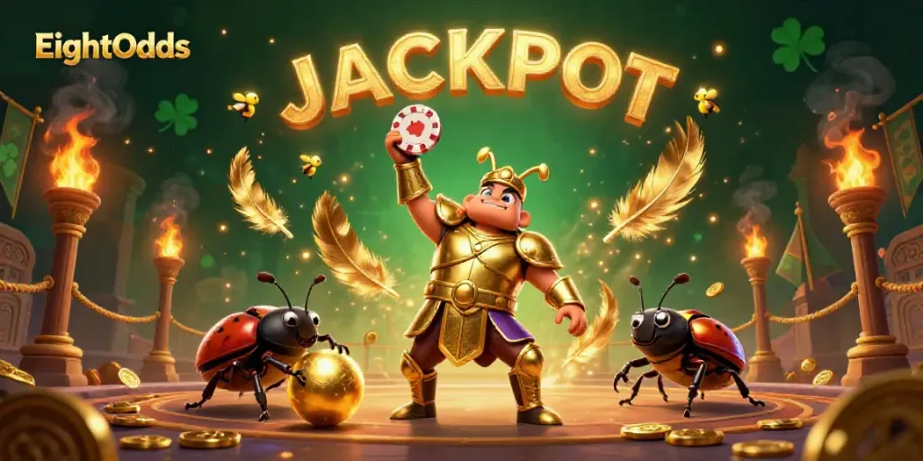 EightOdds showcases a victorious beetle lifting a poker chip in a vibrant casino setting, celebrating jackpots.