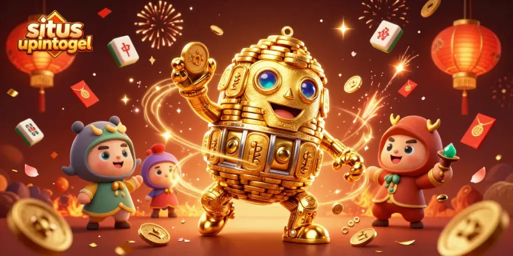 Situs upintogel menampilkan golem emas 3D bergerak dikelilingi elemen kasino dinamis.