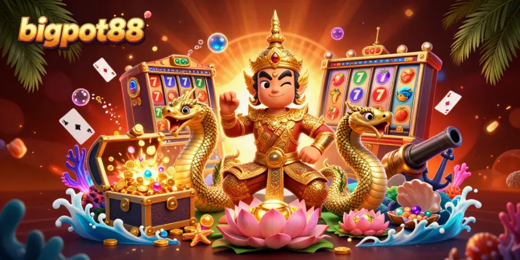 Mendapatkan jackpot besar di bigpot88 dengan naga berkilau dan penjaga kuil yang ramah.