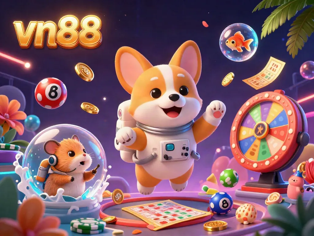 Experience the excitement of vn88 with a playful corgi in a space casino, surrounded by floating prizes and colorful lottery balls.