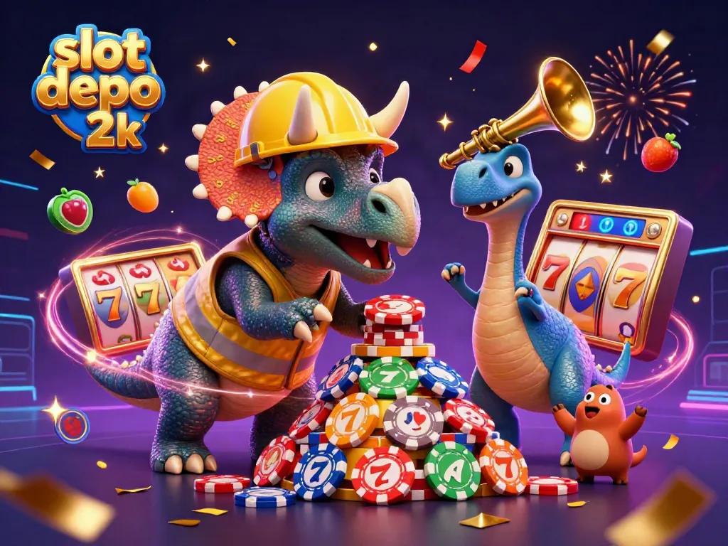 Join the fun at slot depo 2k with a lively 3D casino illustration showcasing vibrant gaming elements and characters.