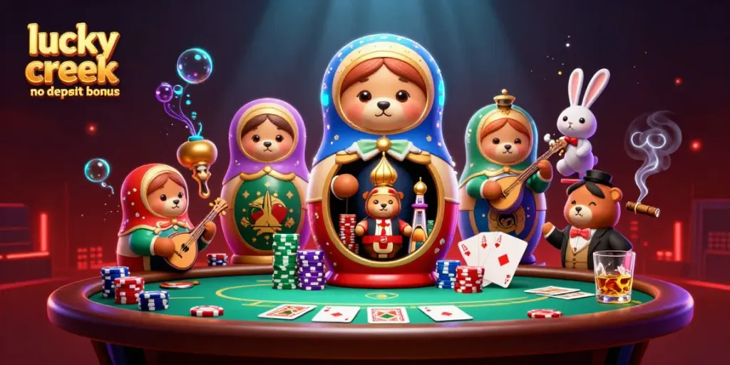 Experience the excitement of lucky creek no deposit bonus with playful bears and casino elements.