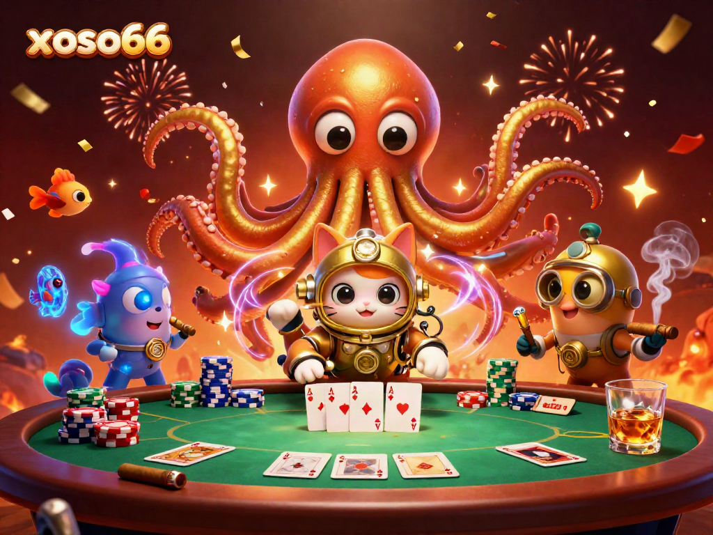 Play exciting games at xoso66 with a immersive 3D illustration of a kraken and poker elements.
