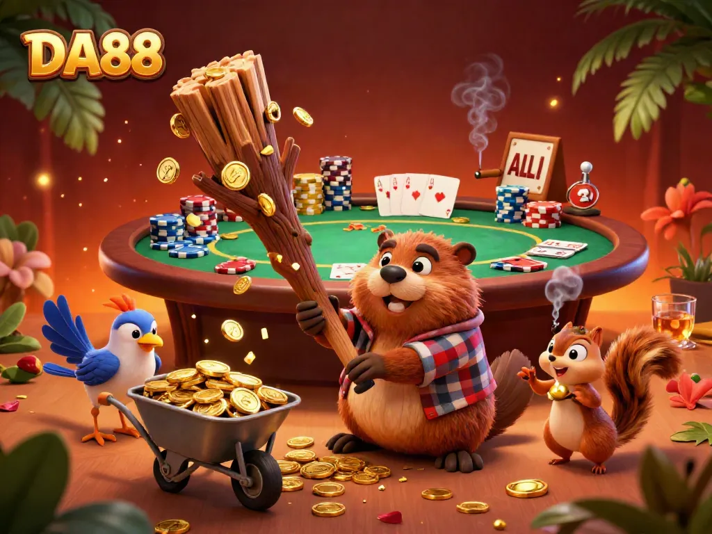 Engage in fun with DA88 at a vibrant casino scene featuring a charismatic lumberjack beaver and gold coins raining down.
