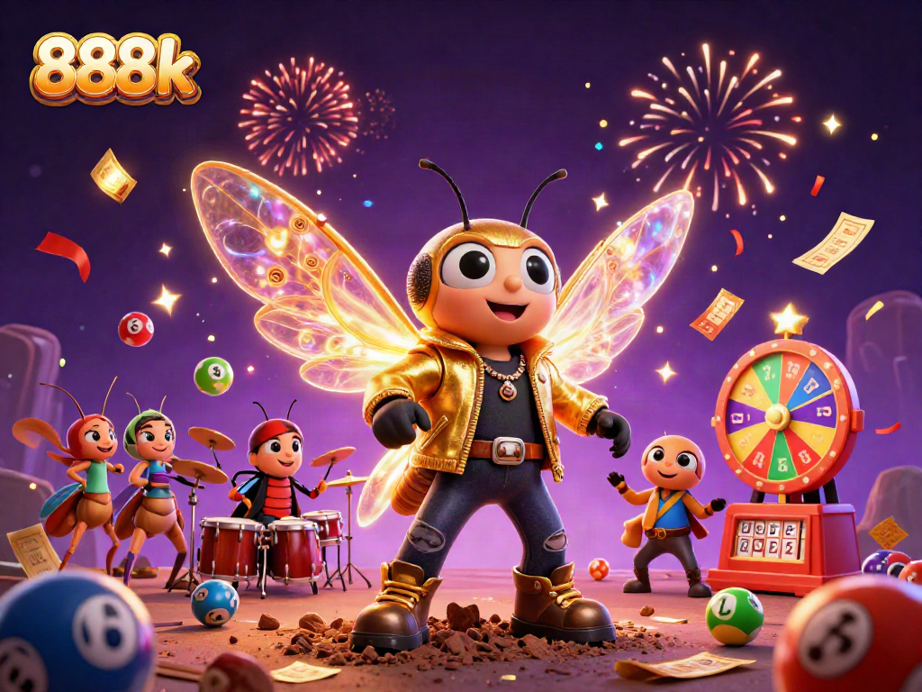 Engage in thrilling action with 888k as cicada rock stars and lottery prizes erupt in vibrant celebration.