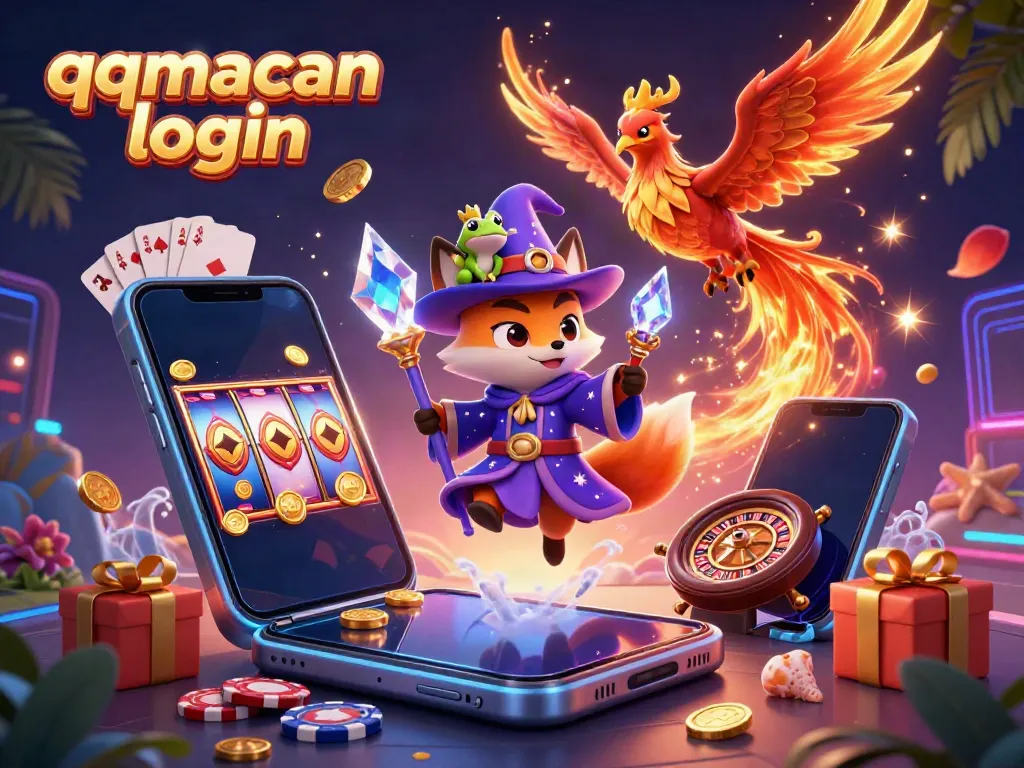 Experience qqmacan login with a magical 3D scene featuring a wizard fox, phoenix, and game elements.