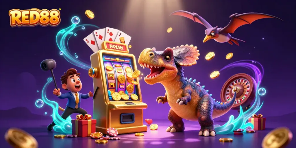 RED88 showcases a pachycephalosaurus hitting a slot machine, celebrating jackpot wins in a vibrant casino scene.