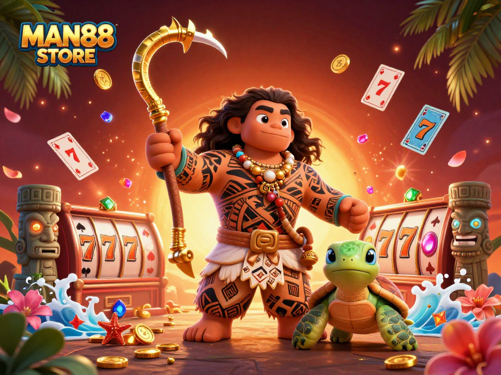Experience thrilling gaming at MAN88 STORE with vibrant 3D characters and casino elements.