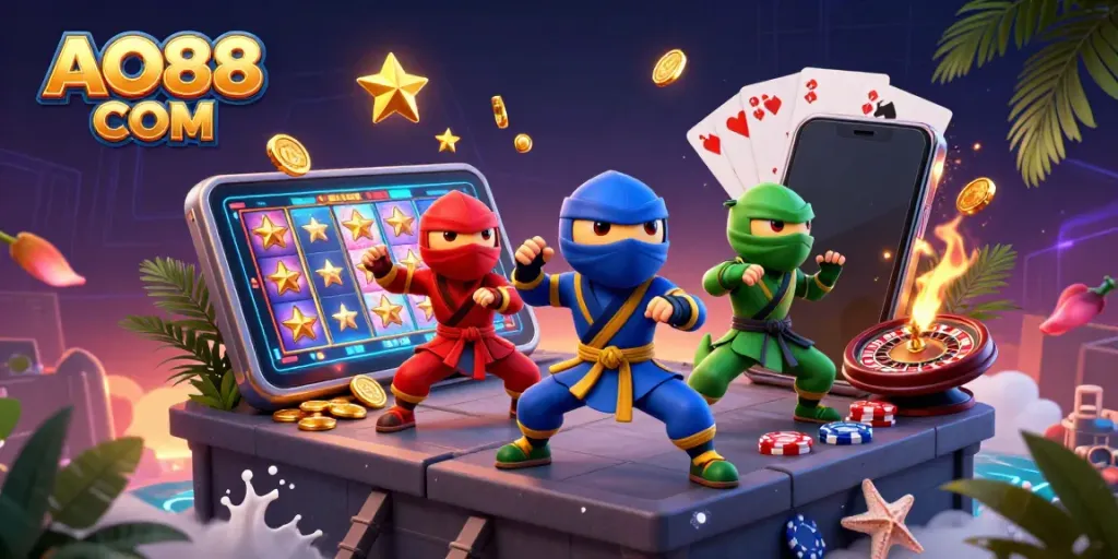 Engage with gaming excitement at AO88 COM while enjoying thrilling 3D ninja chameleons in a vibrant casino scene.