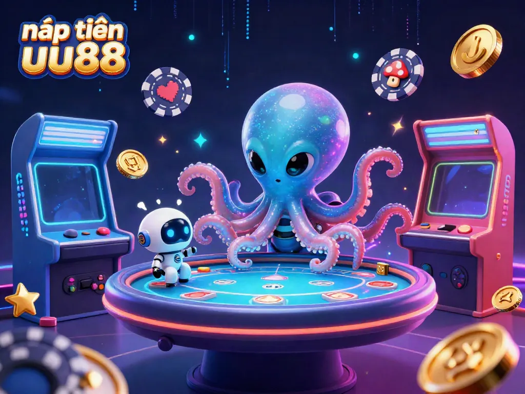 Engage in nạp tiền uu88 with a vibrant 3D alien octopus at a poker table, surrounded by arcade elements.