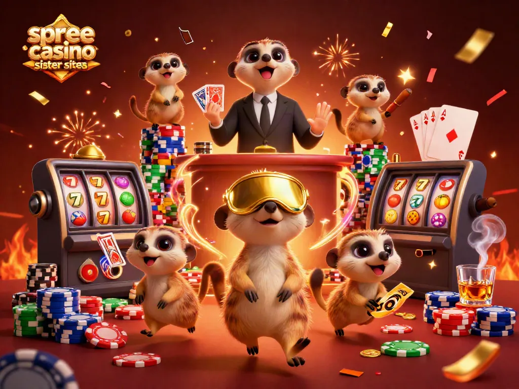 Engaging scene featuring meerkats running a casino with elements showcasing spree casino sister sites, lively gameplay, and rich visuals.