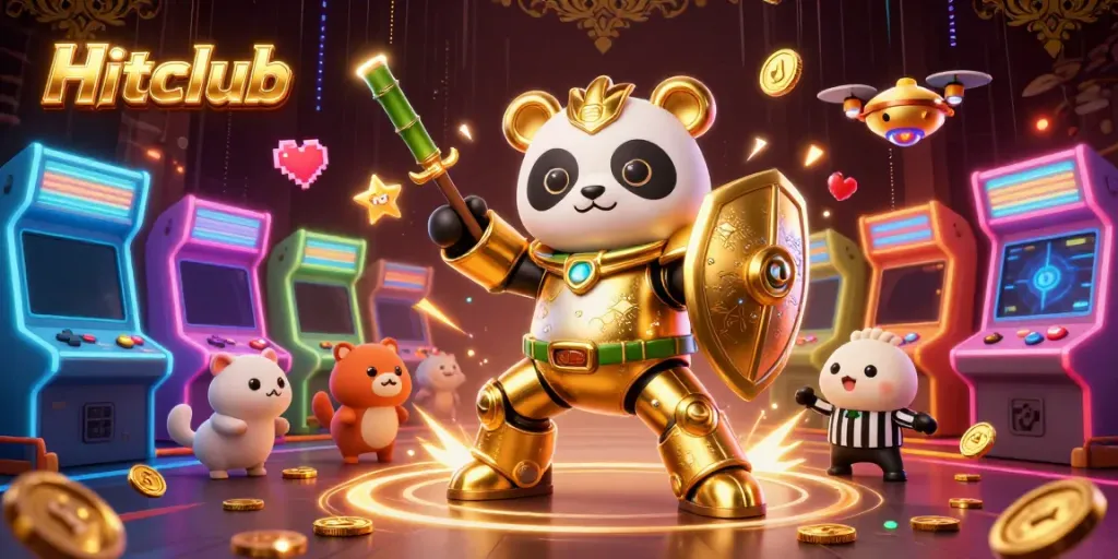 Engage with Hitclub's thrilling gaming universe featuring dynamic 3D characters and vibrant casino elements.