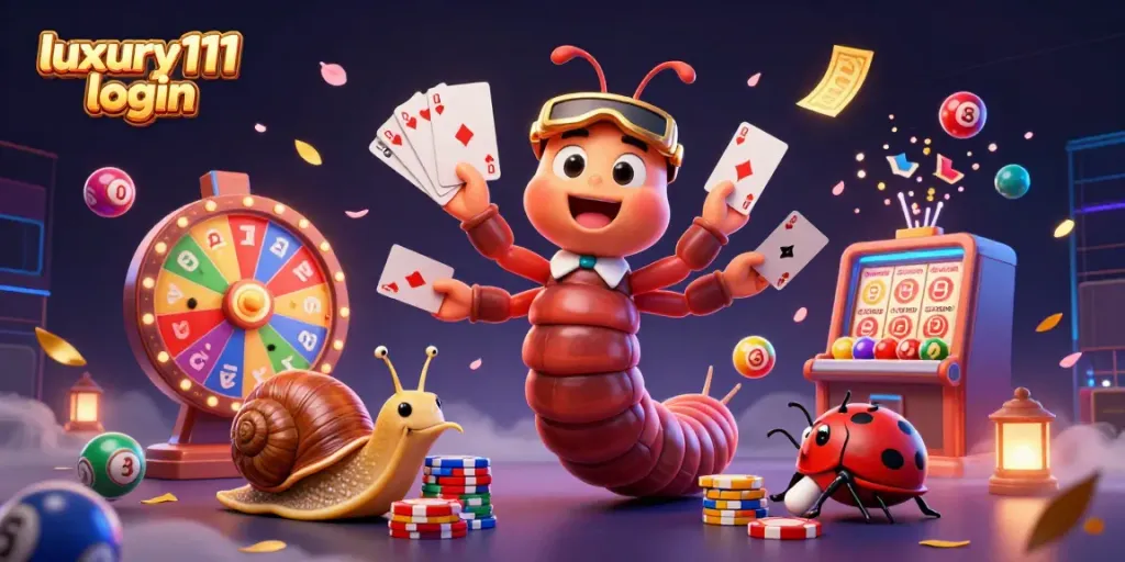 Engage in the excitement with luxury111 login at a vibrant 3D casino scene featuring lively characters and games.