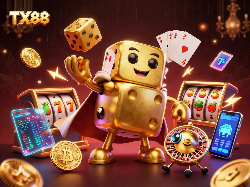 Engage in thrilling casino action with TX88's vibrant scene of golden dice and slot symbols.