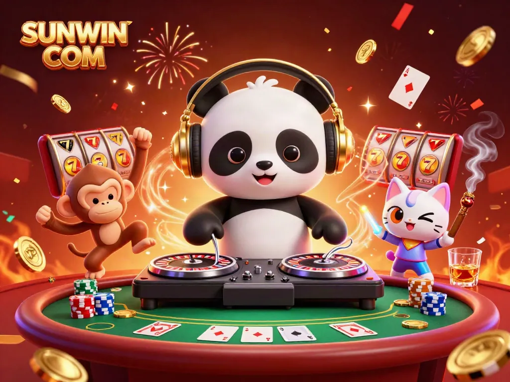 Engage with winning strategies at SUNWIN COM with vibrant casino-themed 3D characters and dynamic game elements.