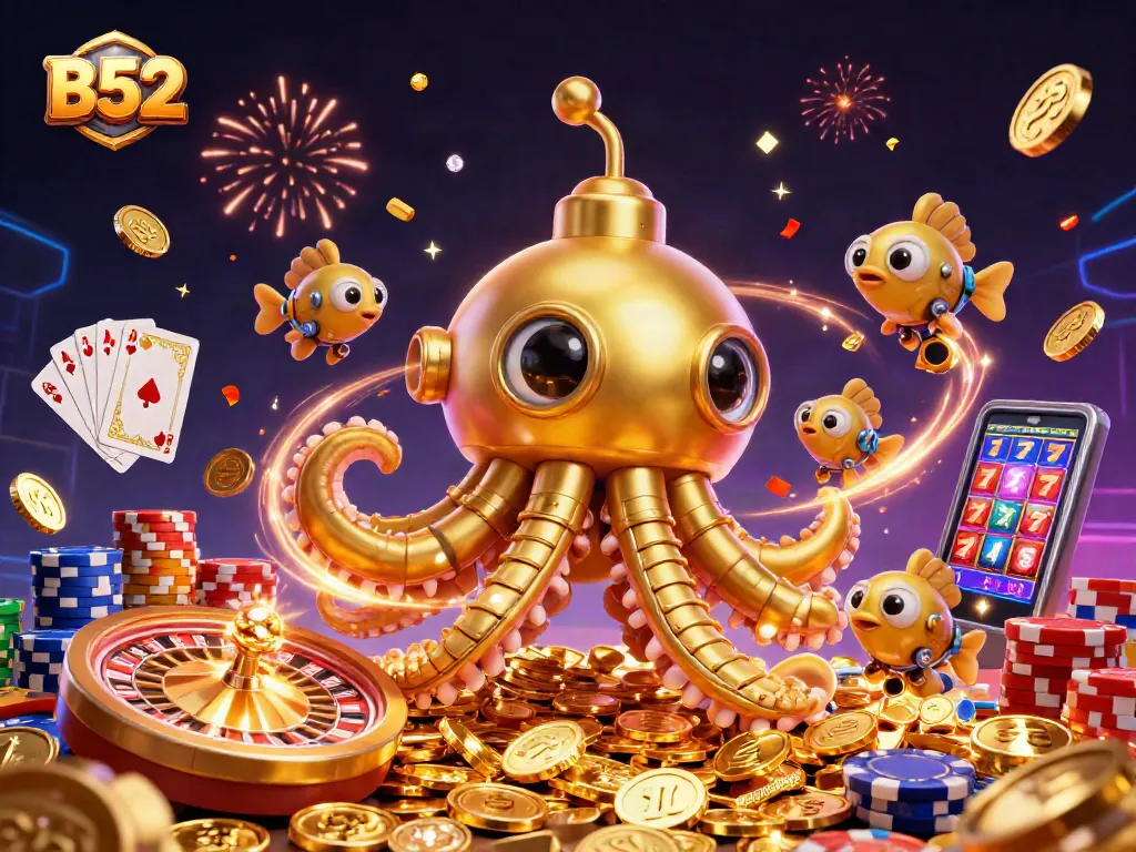 B52 themed game illustration featuring a golden kraken submarine amidst a flood of coins and gaming elements.